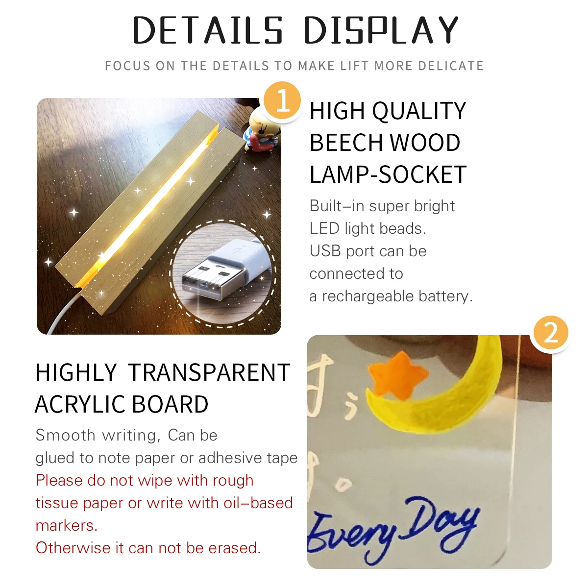 New Arrival Acrylic Memo Message Fluorescen Board Creative Daily Reminder Planner Board With Beech Wood Stand Holder LED Lamp