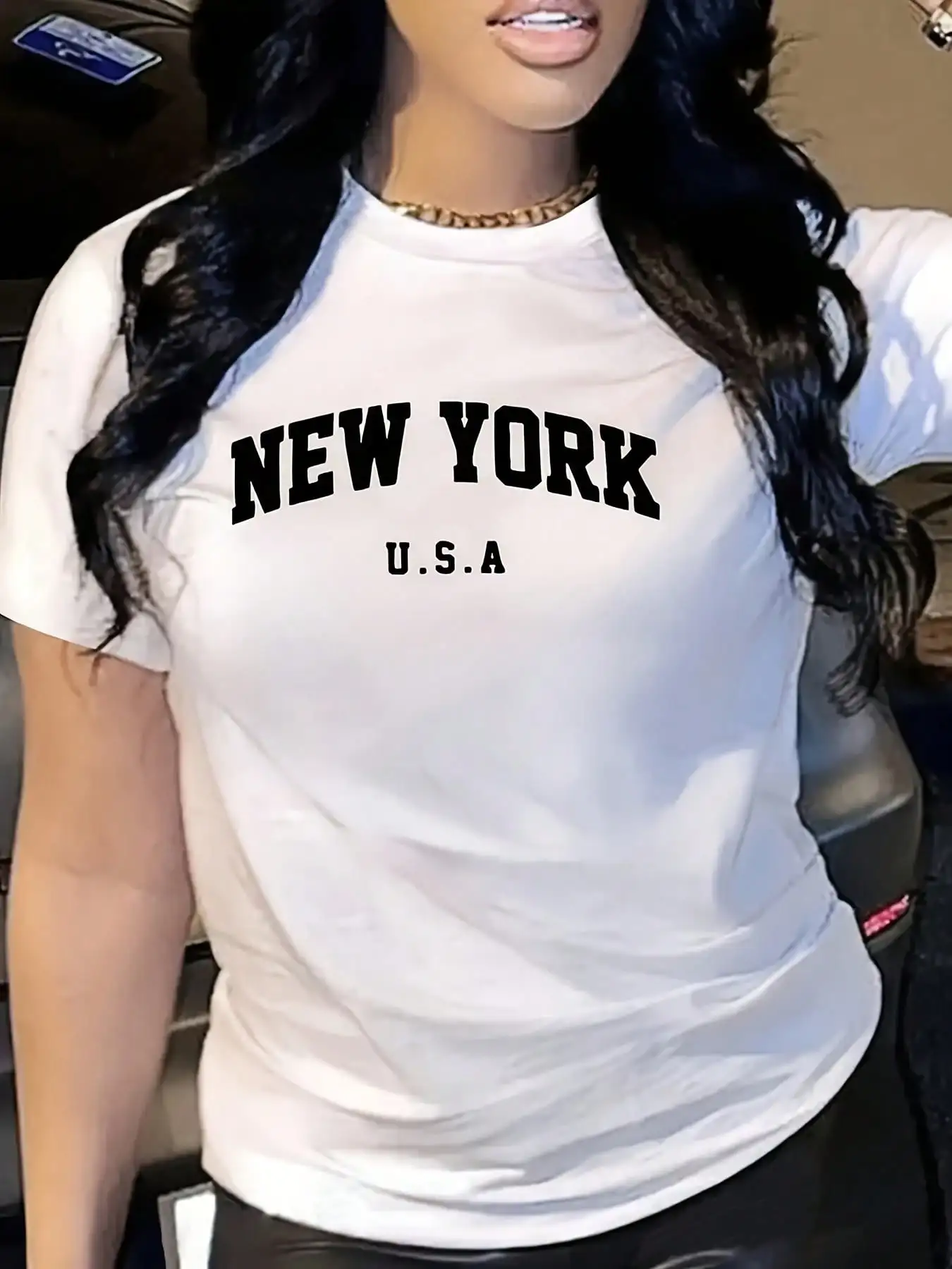 

Women's Casual Semi-Sheer T-Shirt with Bold "NEW YORK U.S.A." Letter Print - Round Neck, Medium Stretch, Machine Washable