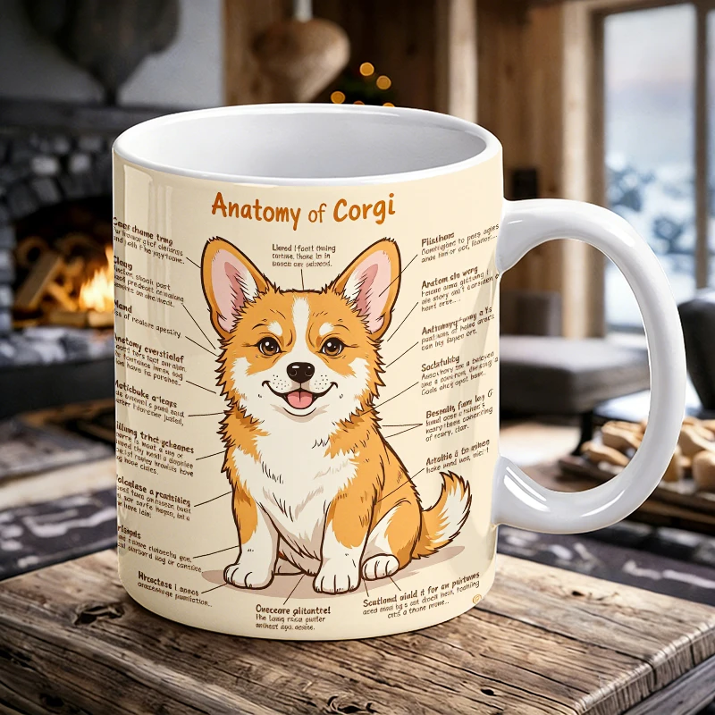 

Adorable Corgi Anatomy Art Ceramic Coffee Mug, Cute Puppy Illustration Tea Cup, Novelty Mug for Animal Lovers & Home Decor