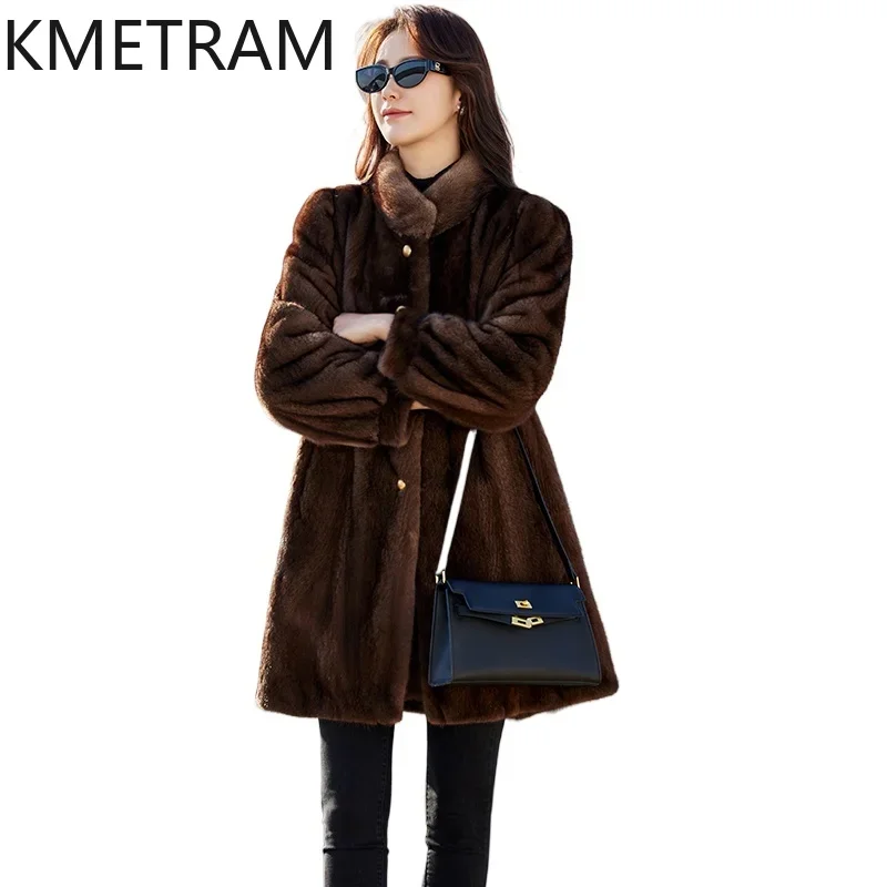 100% Whole Mink Fur Coat Women Old Money Style Mid Length Fur Jacket Winter High Quality Outerwears Womans Clothing шуба 2025