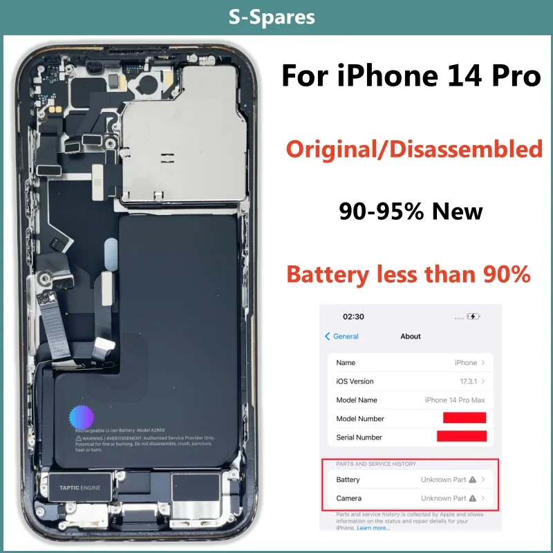 90-95% New Original Disassembled Middle Frame Housing Back Cover For iPhone 14 Pro with Battery Rear Camera Wireless Assembly