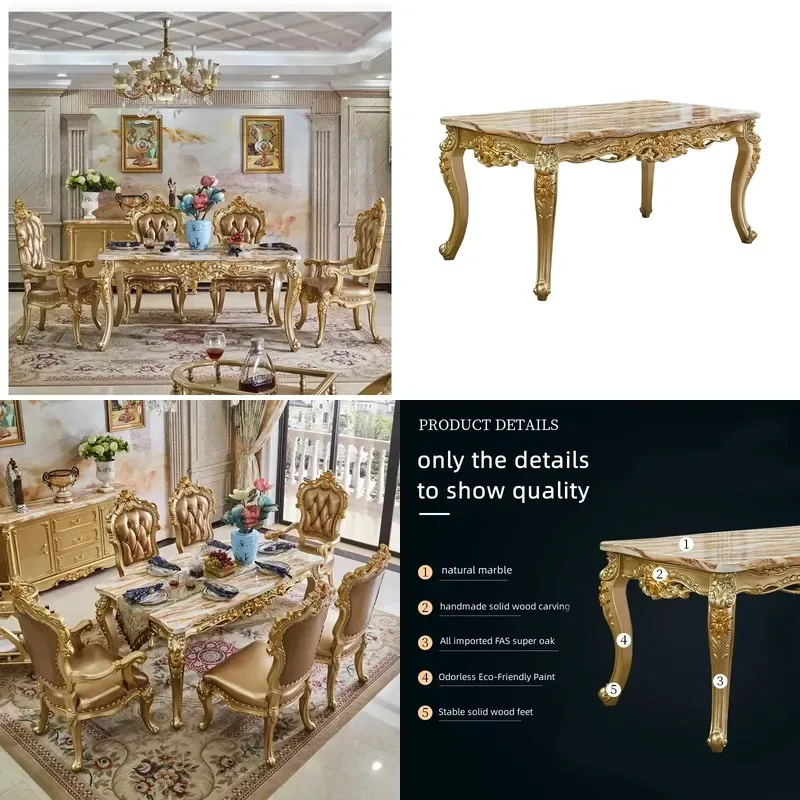 European Style Marble Top Solid Wood Rectangular Dining Table and Chair Set Modern Restaurant Furniture