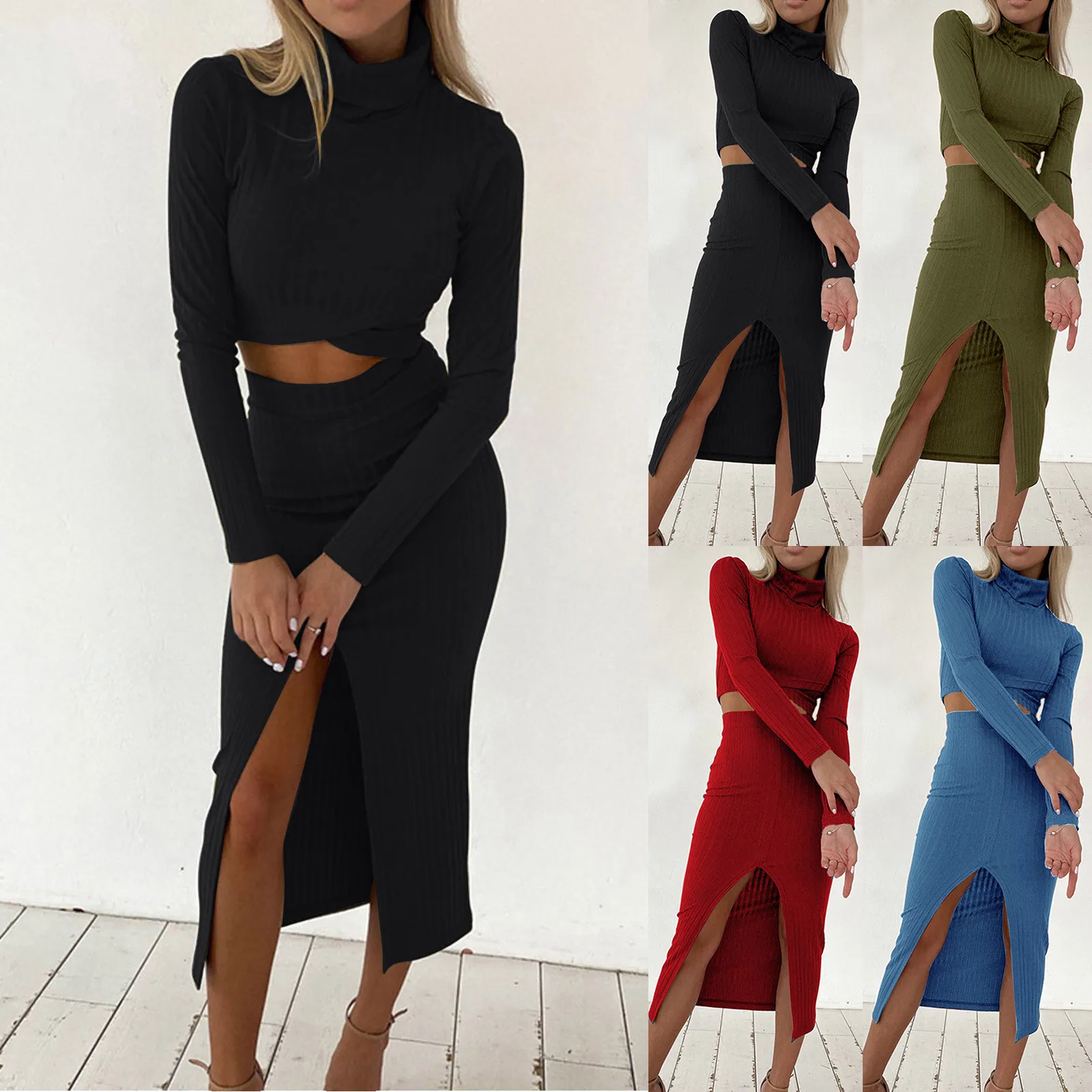 Women Long Sleeve Turtleneck Top High Waist Elegant Slim Fit Slit Skirt Set Swimming Suit For Women Long Sleeve Sexy Split Dress