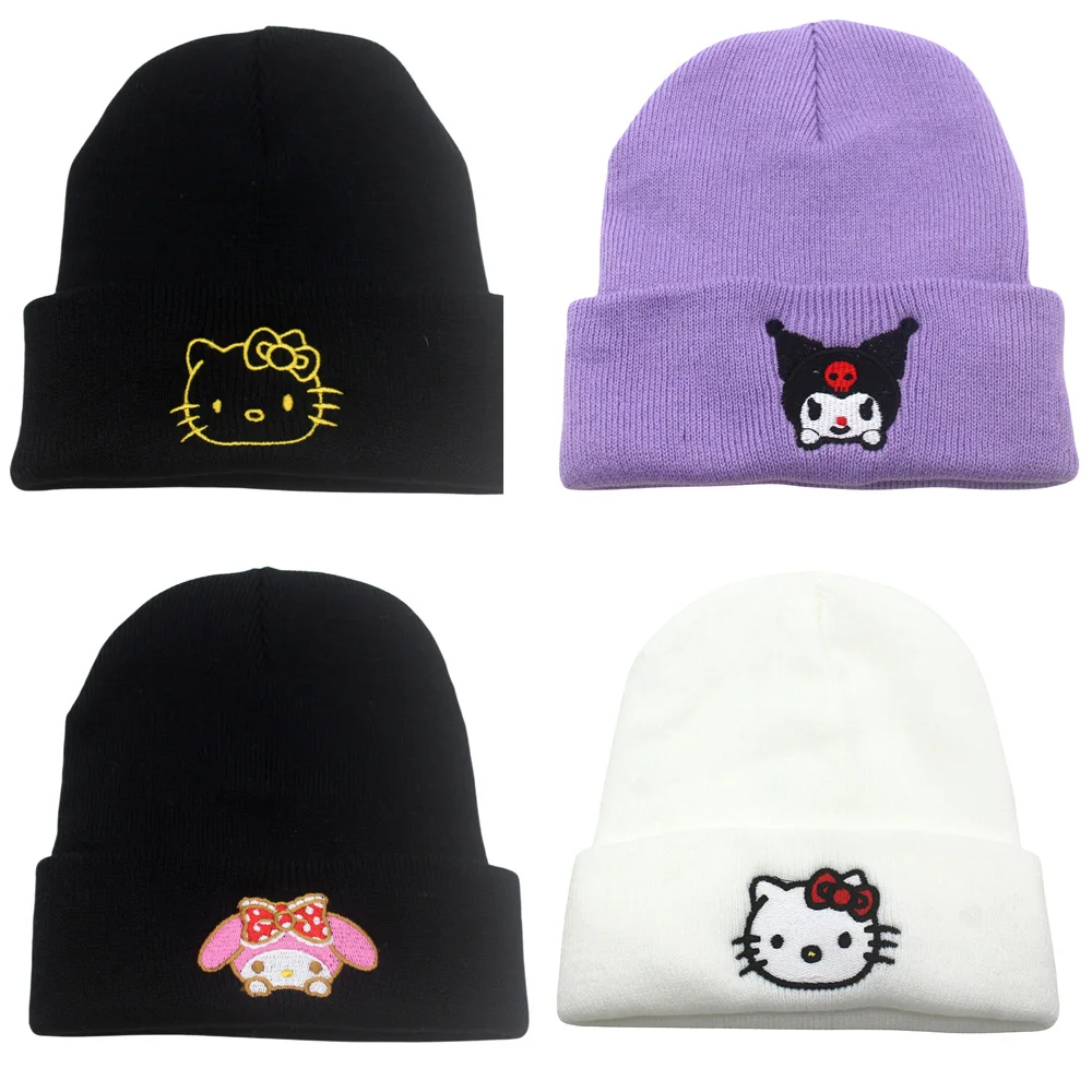 Sanrio Kuromi Melodie Katoen Cartoon Geborduurde Casual Hoeden Gebreide Winter Warme Muts Harde Hiphop Skull Muts Unisex