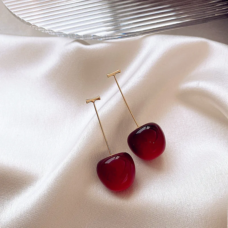 Sweet Red Cherry Earrings Ladies Fashion Delicate Fruit Design Drop Dangle Earrings Wedding Party Korean Ear Jewelry Gift