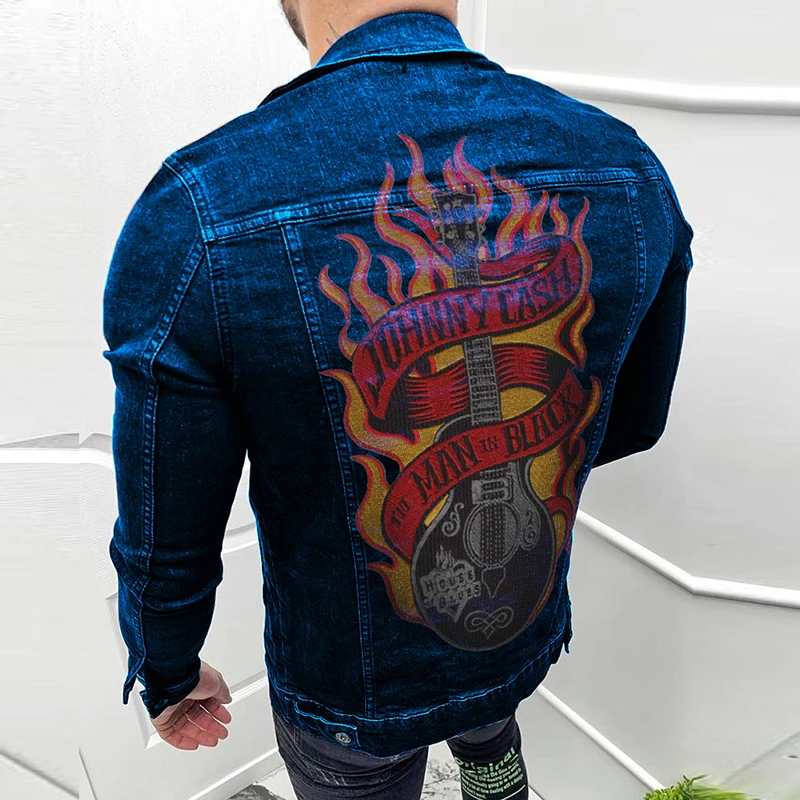 Punk Style Skull Printing Denim Jackets Men Vintage Turn-down Collar Buttoned Ripped Jean Shirt Jacket Streetwear Mens Slim Coat