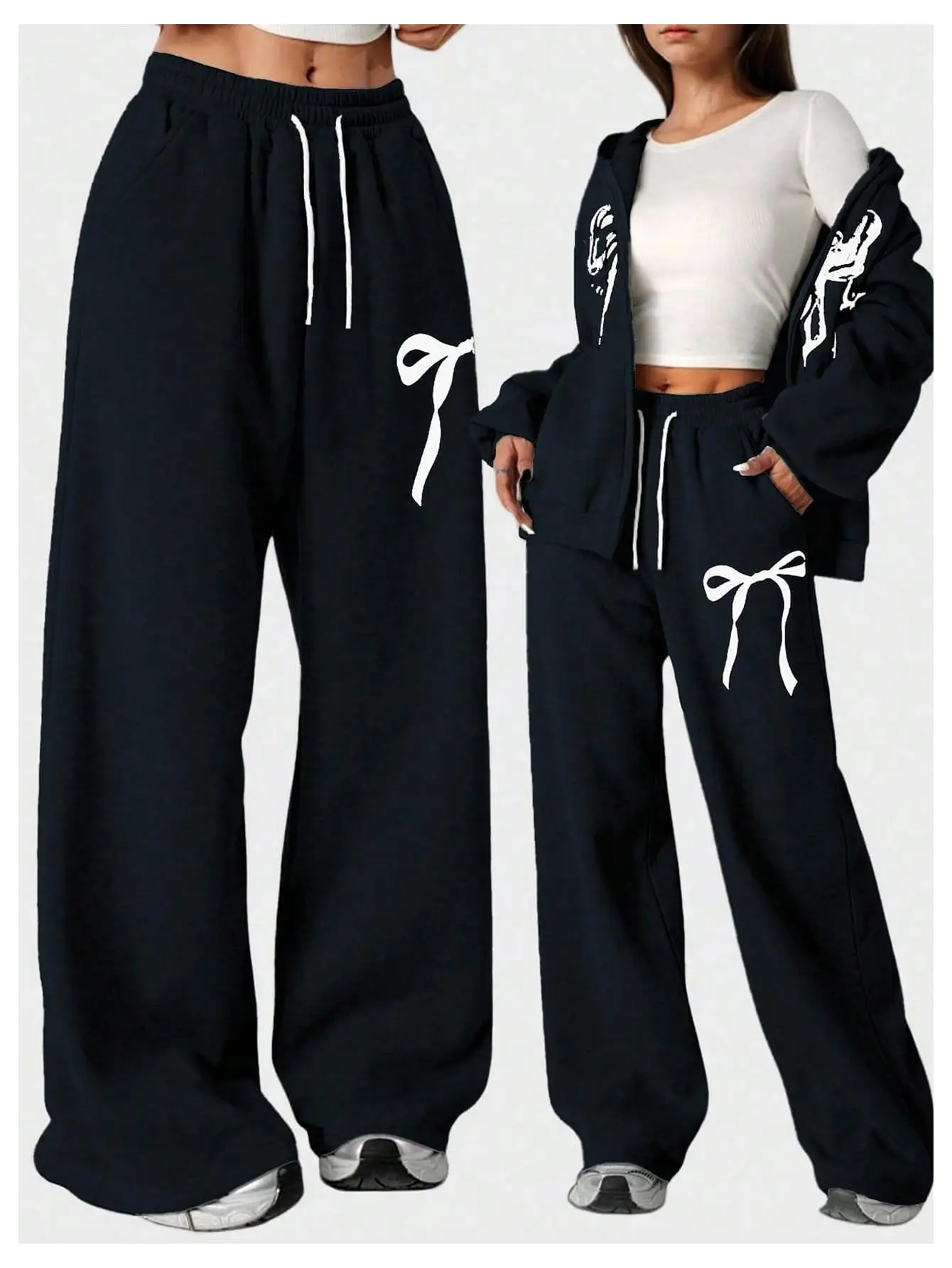 

Женские осенние и зимние свободные прямые флисовые спортивные штаны больших размеров с бантом и эластичным поясом, уличная одежда больших размеров