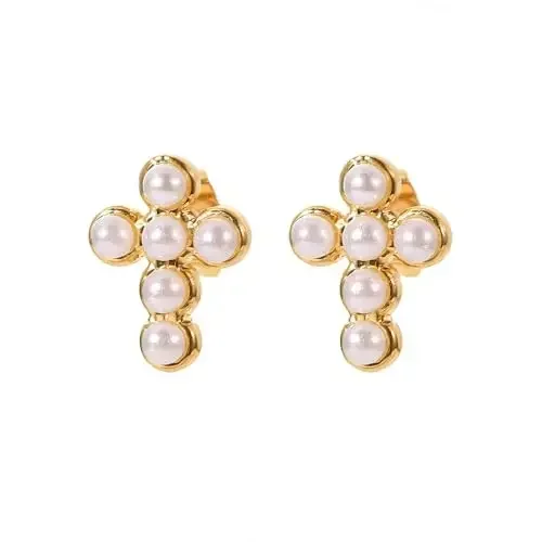 

Popular Gold Plated Sterling Silver Posts Cross Earrings for Women | Small Religious Faith Pearl Cross Studs Huggies Earrings