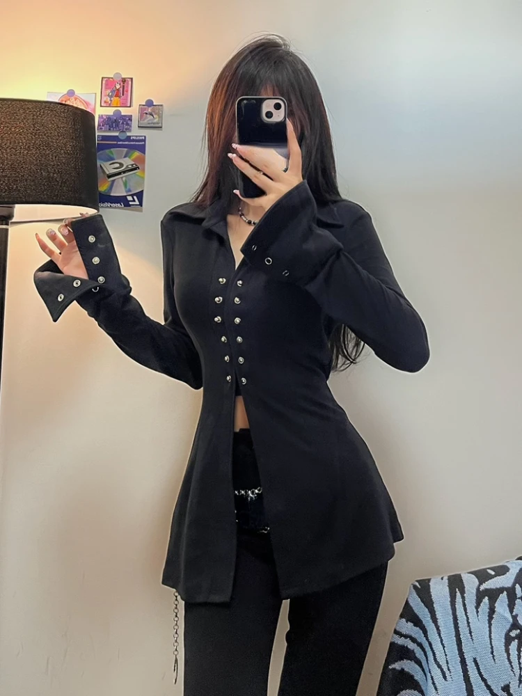 Y2k Aesthetic Women Sexy Blouse Solid Casual Single Breasted Slim Fit Grunge Shirt Harajuku Turn Down Collar Streetwear Blusa