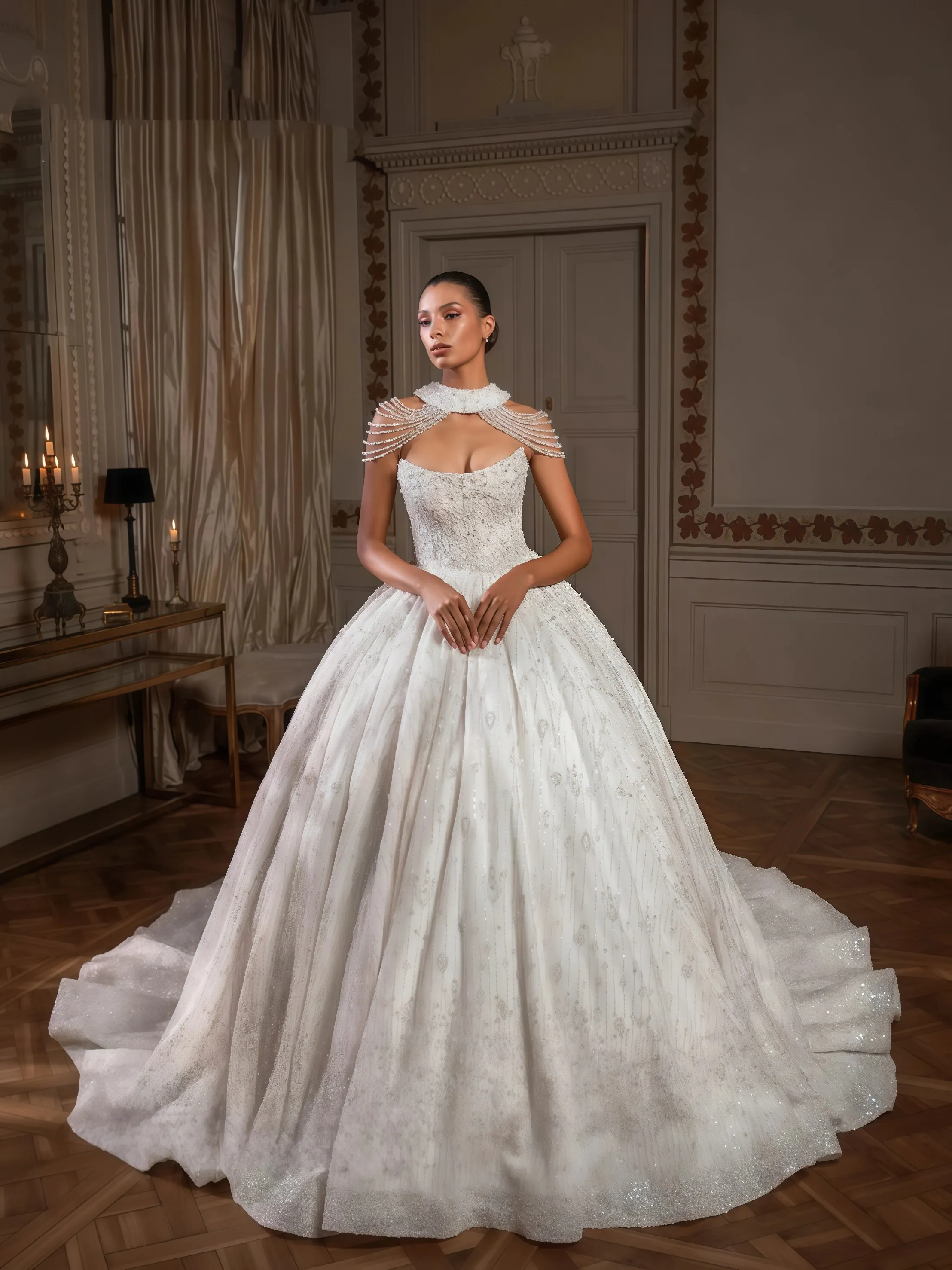 

Customized Luxury Sparkling Pearls Embriodery Princess Wedding Dress Graceful Strapless Long Bridal Gown Dresses For Bride