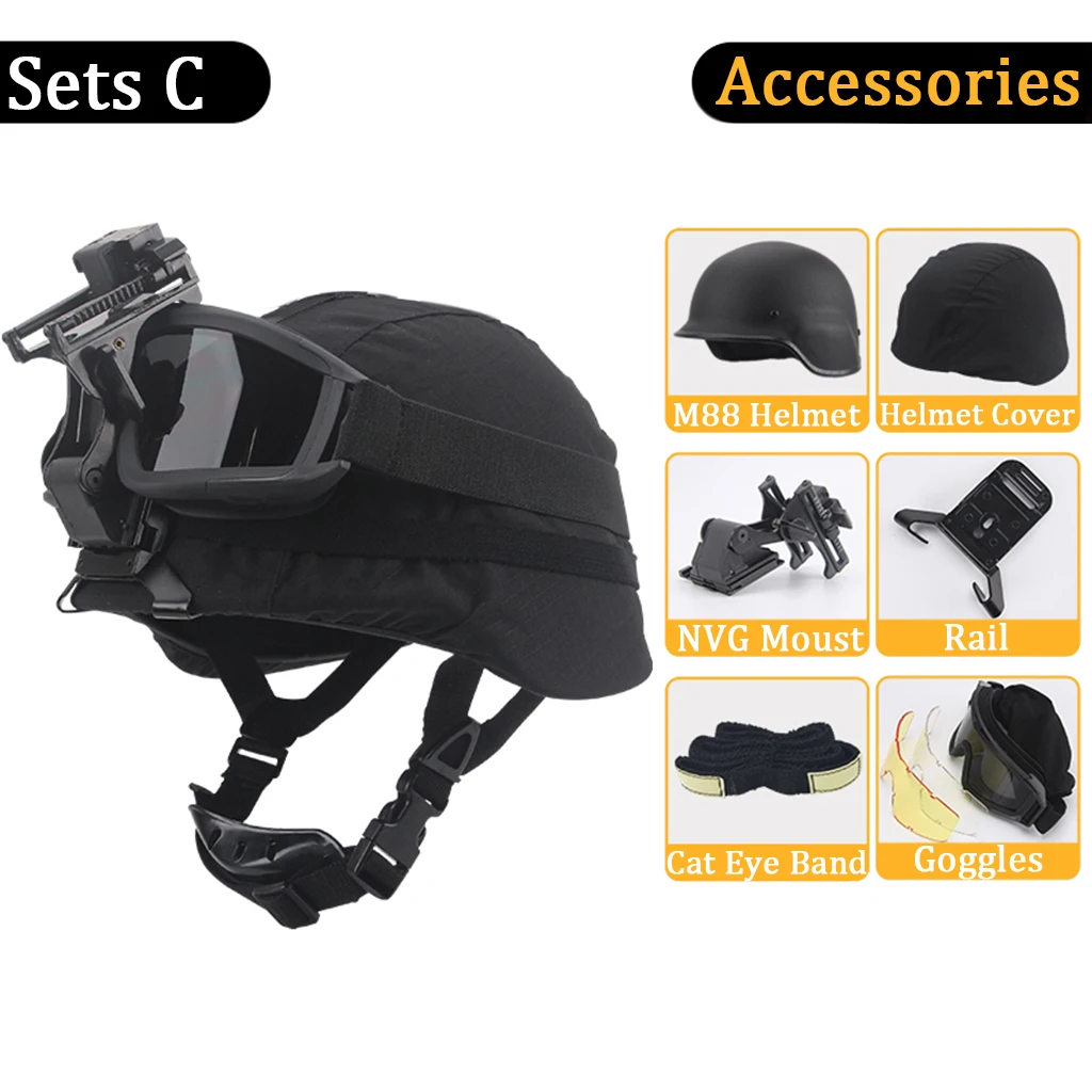 M88 Airsoft Helmet Sets, Wiht Helmet Cover & Goggles & NVG Mount Kit, Full-Covered Military Army Combat Tactical Paintball Helmd