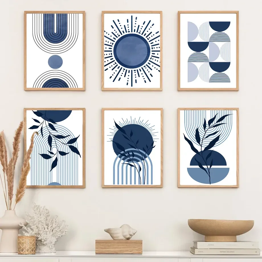 Boho Blue Abstract Modern Mid Century Wall Art Print Sun Geometric Leaf Canvas Painting Nordic Poster Decor Pictures Living Room