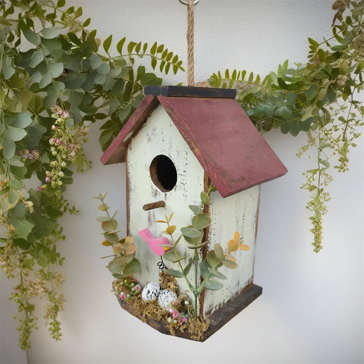 حديقة خارجية فناء منظر طبيعي عش الطيور الخشبي شرفة ساحة زراعة زينة زينة منزل الطيور الواقعي زخرفة معلقة #4