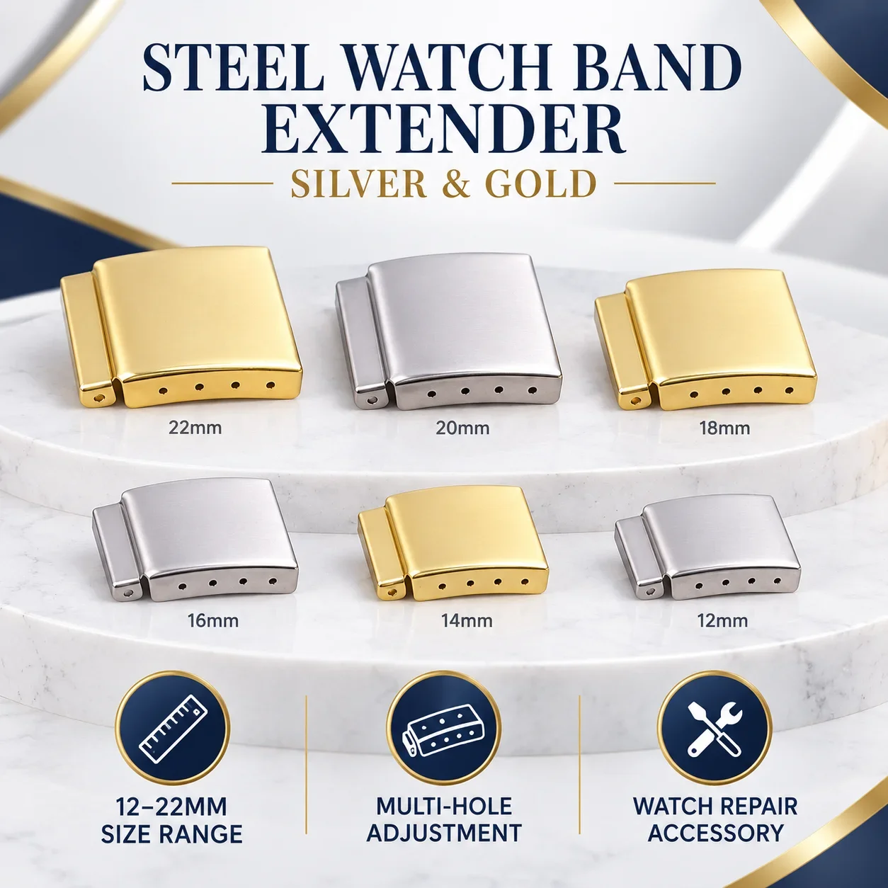 1Pc Silvery/Golden 12-22MM Steel Watch Band Bracelet Extender Clasp Extension With Step Strap Accessory For Watch Repair