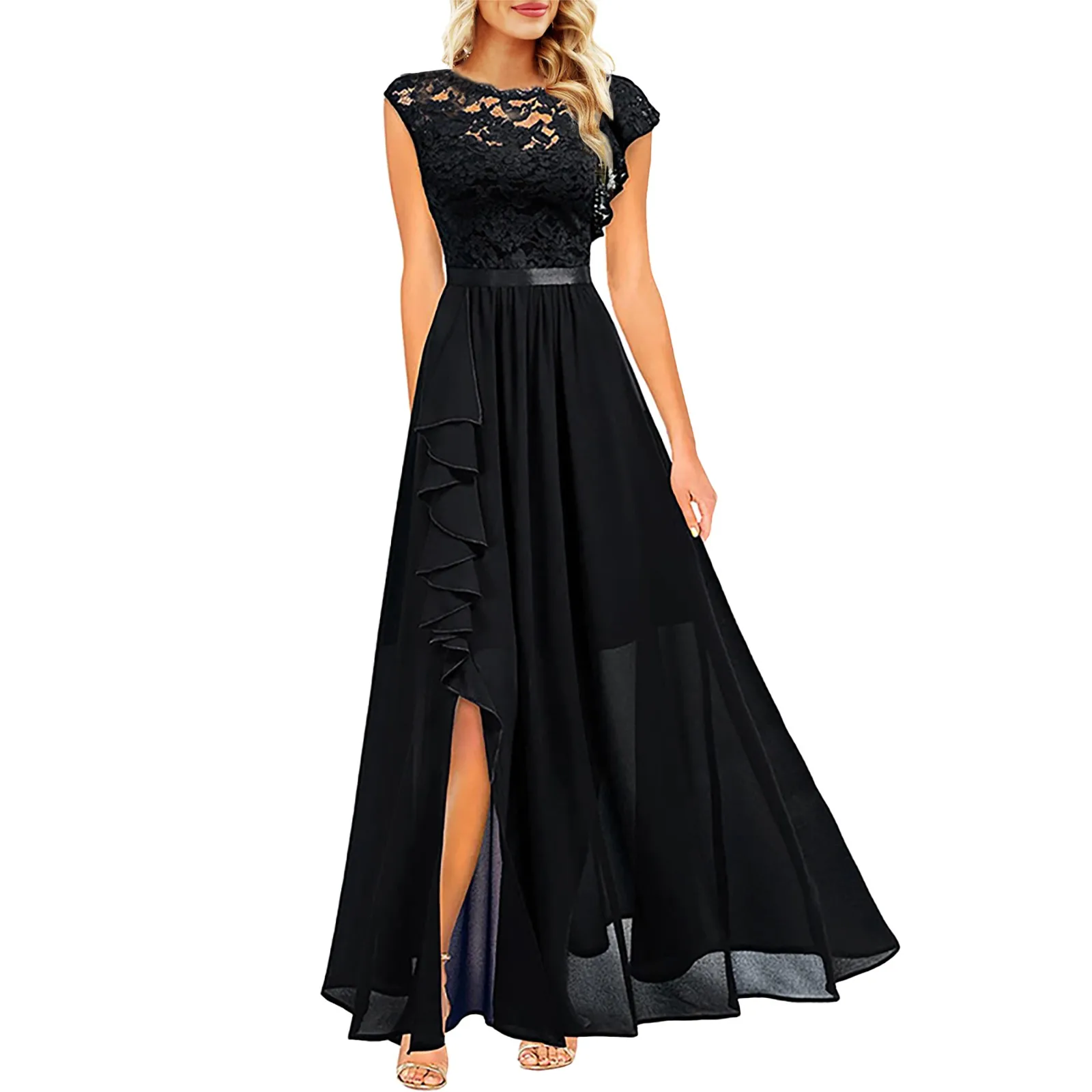 2024 Damen elegantes langes Maxi kleid hohe Taille Rundhals ausschnitt Party Hochzeit Mode Kleid Robe Vintage gespleißte Spitze Chiffon Kleid