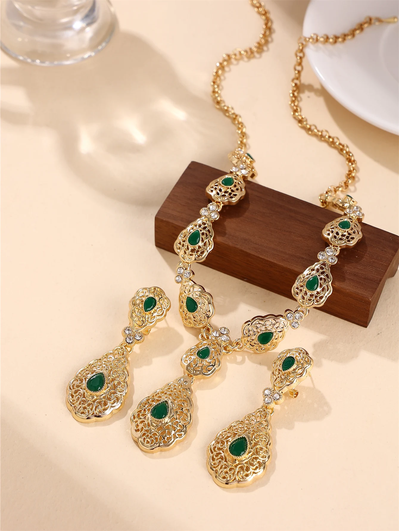 1 Set Vintage Palast-Stil Damen Halskette und Ohrringe Schmuckset, Tropfenförmig mit Strass-Einlagen, Schmuckset für Arabische Frauen für Hochzeiten, Bankette und Feste – Detail 3