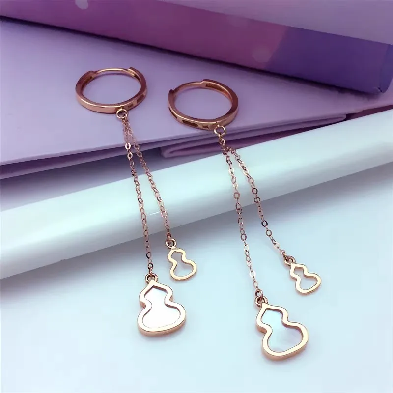 585 Purple Gold Inlaid White Fritillaria Gourd Earrings for Women New in Plated 14K Rose Gold Drop Long Earings Jewelry