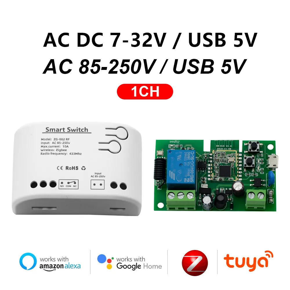 Tuya Zigbee Garage Door Receiver 1CH RF Smart Switch 7-32V 220V Remote Control 433 Light 10A Rele Relay Interlock Self-Locking