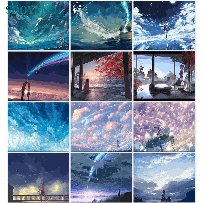 

1pc frameless Paint By Numbers On Canvas Anime Sky Scenery DIY 60x75cm Oil Painting By Numbers Landscape Handpaint Home Decor