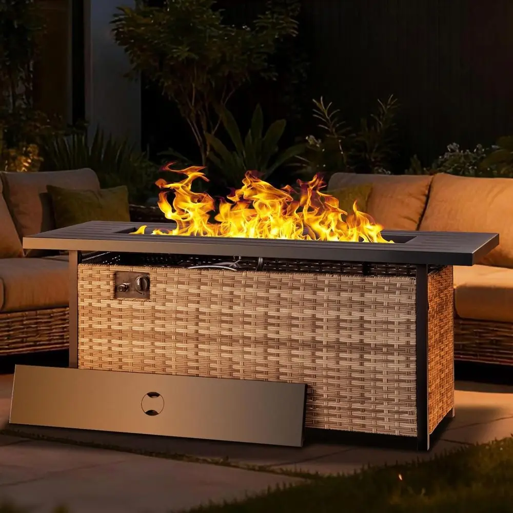 57 طاولة حفرة نار من البروبان مع غطاء مقاوم للماء وجوانب الروطان، وغاز 50000 وحدة حرارية بريطانية، وتناول الطعام في الهواء الطلق وسخان الفناء للحفلات