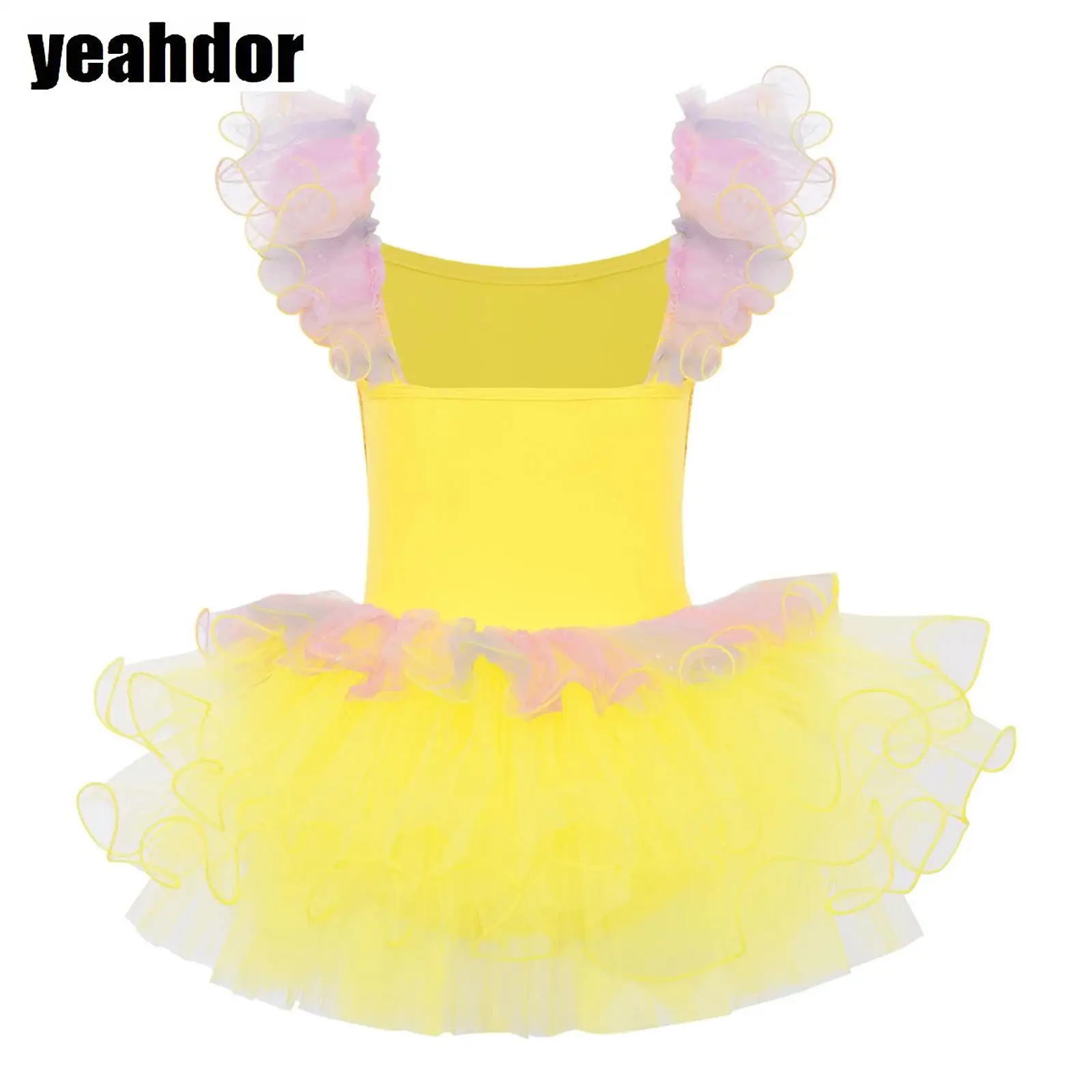 Robe de danse de Ballet pour enfants filles, manches à volants, corsage à paillettes, robe en Tulle superposée, justaucorps de gymnastique, vêtements de danse de spectacle de ballerine
