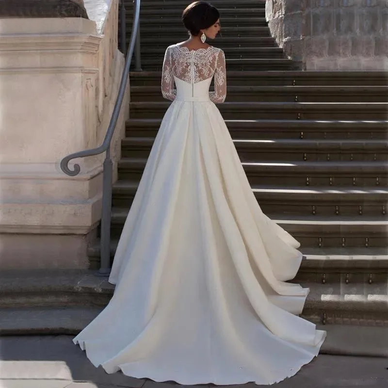

Customize Modest Lace Appliqued A-line Satin Wedding Dress V Neck Sheer Back Long Sleeve For Women Princess Robe de Mariee