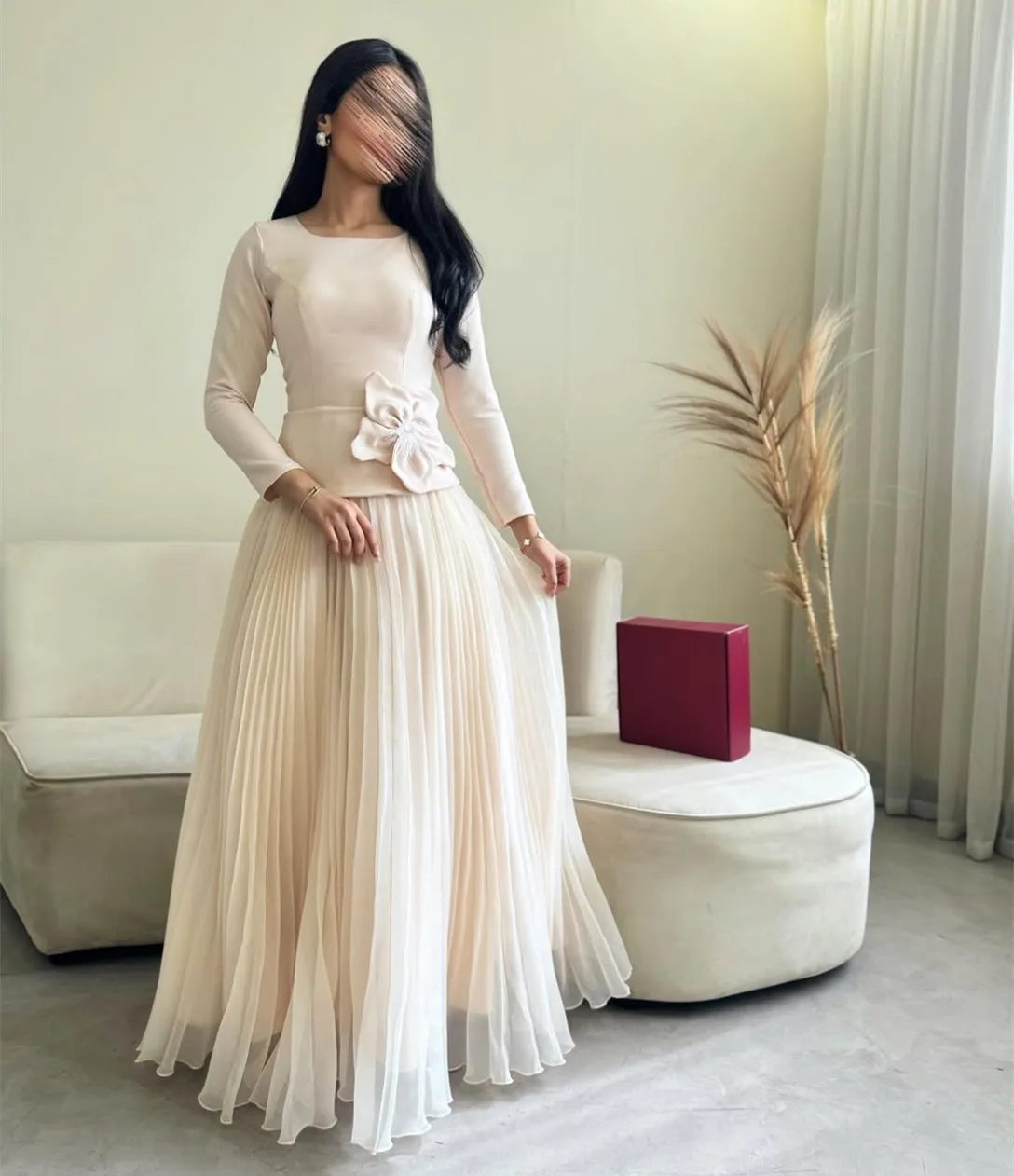 

Customized Long Orange Evening Dresses with Flower A-Line Pleated حزب اللباس Zipper Back Floor Length Prom Dresses for Women