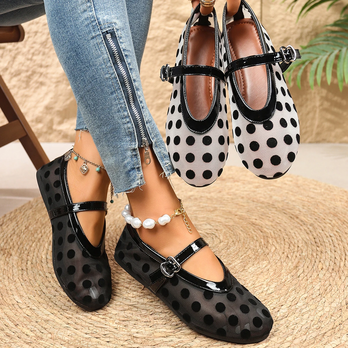 2026 Damen Ballerinas mit Netzstoff und Polka Dots, Vintage Mary Jane Schuhe mit runder Zehenpartie, Übergrößen Damenschuhe Größe 36-43 – Detail 10