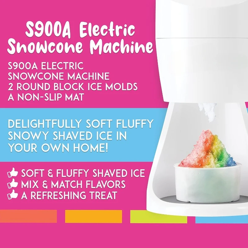 Shaved Ice S900A Snow Cone an Mold Cups, Non-slip Mat, Instruction Manual, 1-year Manufacturer’s Warranty, 120V, White