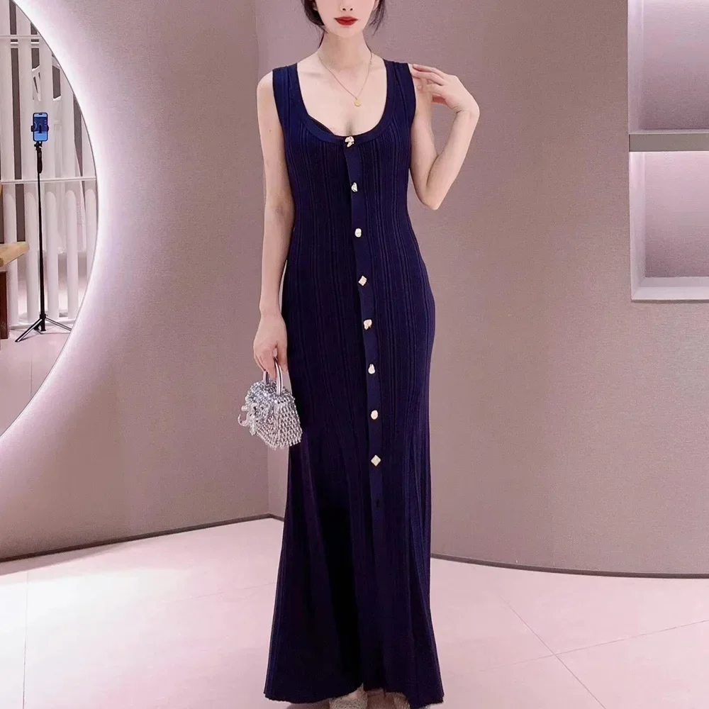 

2024 summer women dark blue sleeveless maxi dress slim fit single breasted knitted ladies robe