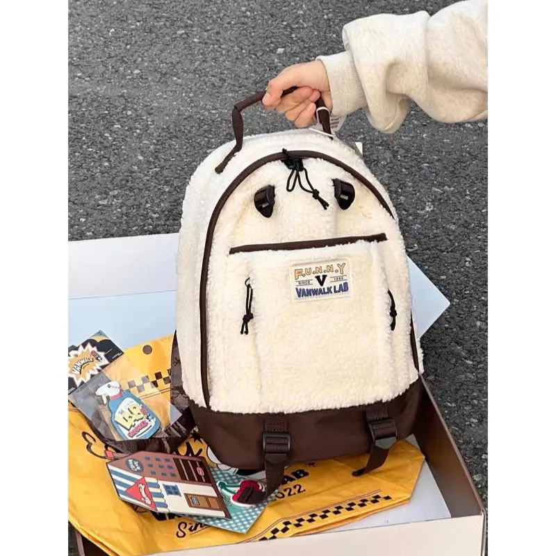 Miyagawa Cute Girls Student Backpack Retro Style Lambwool Backpacks 2022 New Fashion Contrast Color Schoolbags