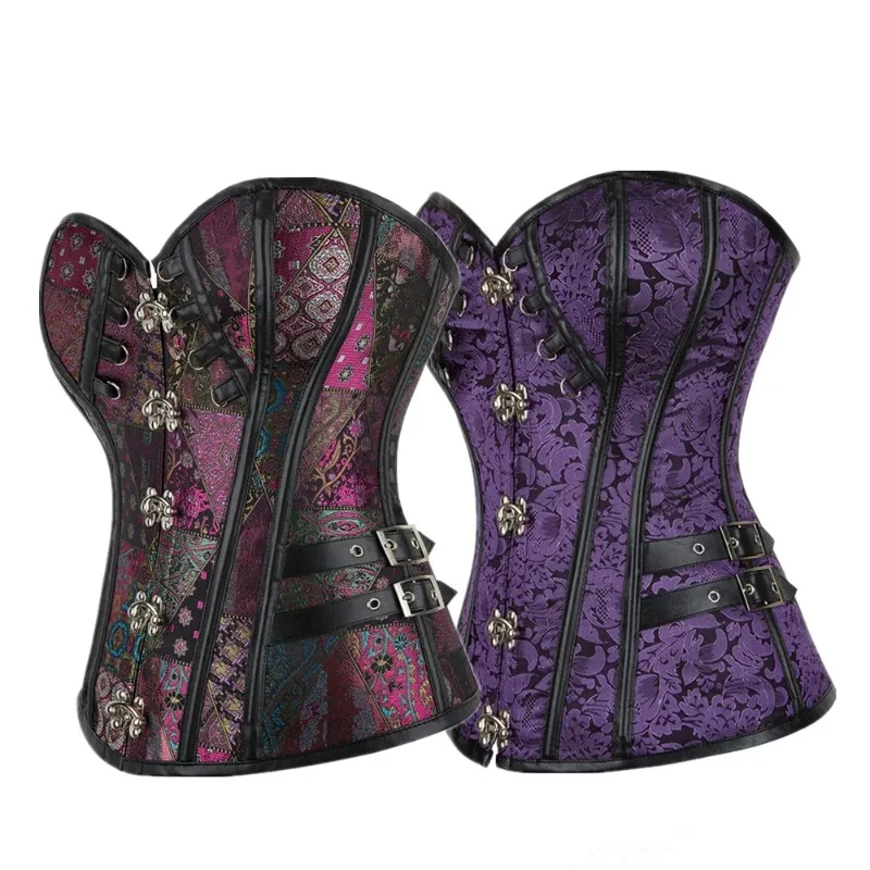 Vintage Gothic Corset Top for Women  Dark Brown Steel Bone Overbust Bustier Slimming Lace-up Strapless Shaper with Chain