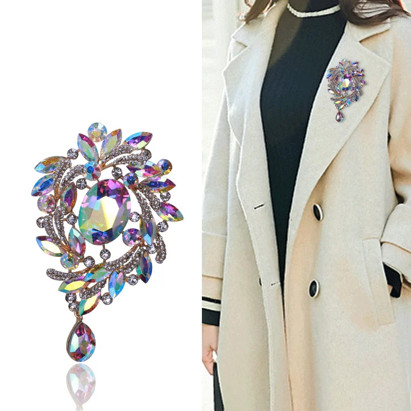 Fashionable Shiny Glass Rhinestone Corsage Exaggerated Gem Coat Accessories Pin Phantom Droplet Broch