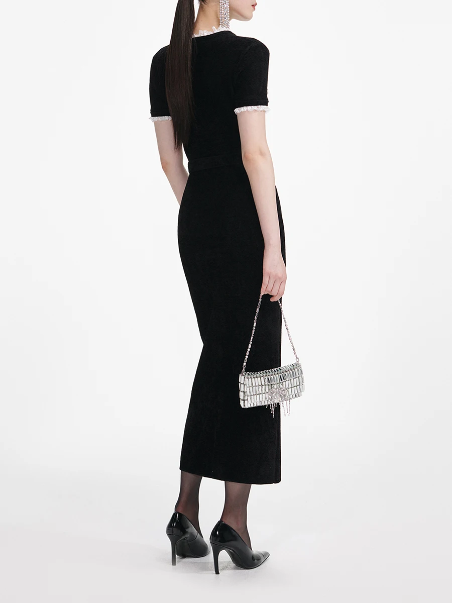 VGH Temperament Vintage Slimming Solid Dresses For Women Round Neck Short Sleeve High Waist Elegant Dress Female Fashion Style