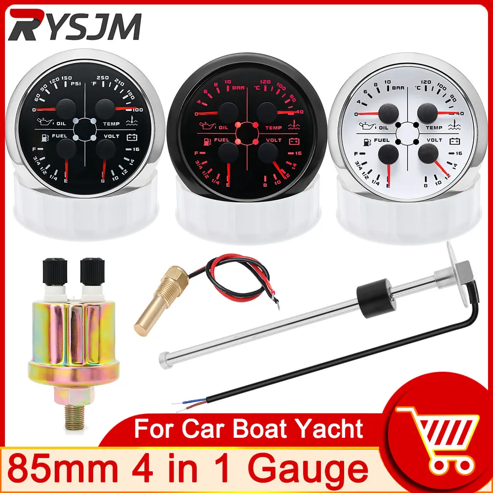 Waterproof 85mm 4 in 1 Oil Pressure Gauge Water Temp Fuel Level Voltmeter with Light Alarm 0-190ohm for Car Boat Yacht 12V 24V