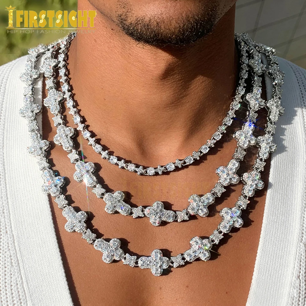 

Iced Out Star Link Chain Cross Necklace for Men Women Iced Out Bling Silver Color Cubic Zirconia Charm Hip Hop Jewelry