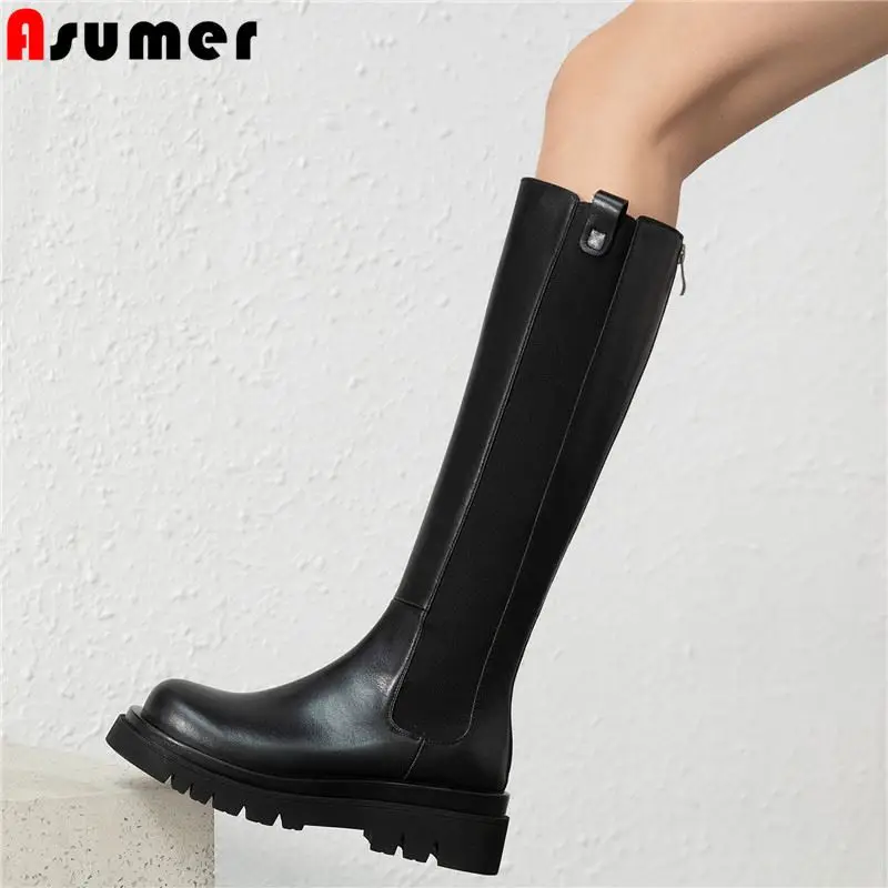 Asumer Plus size 34-43 Genuine leather knee high boots women zip square heels brand winter boots female Chunky ladies botas