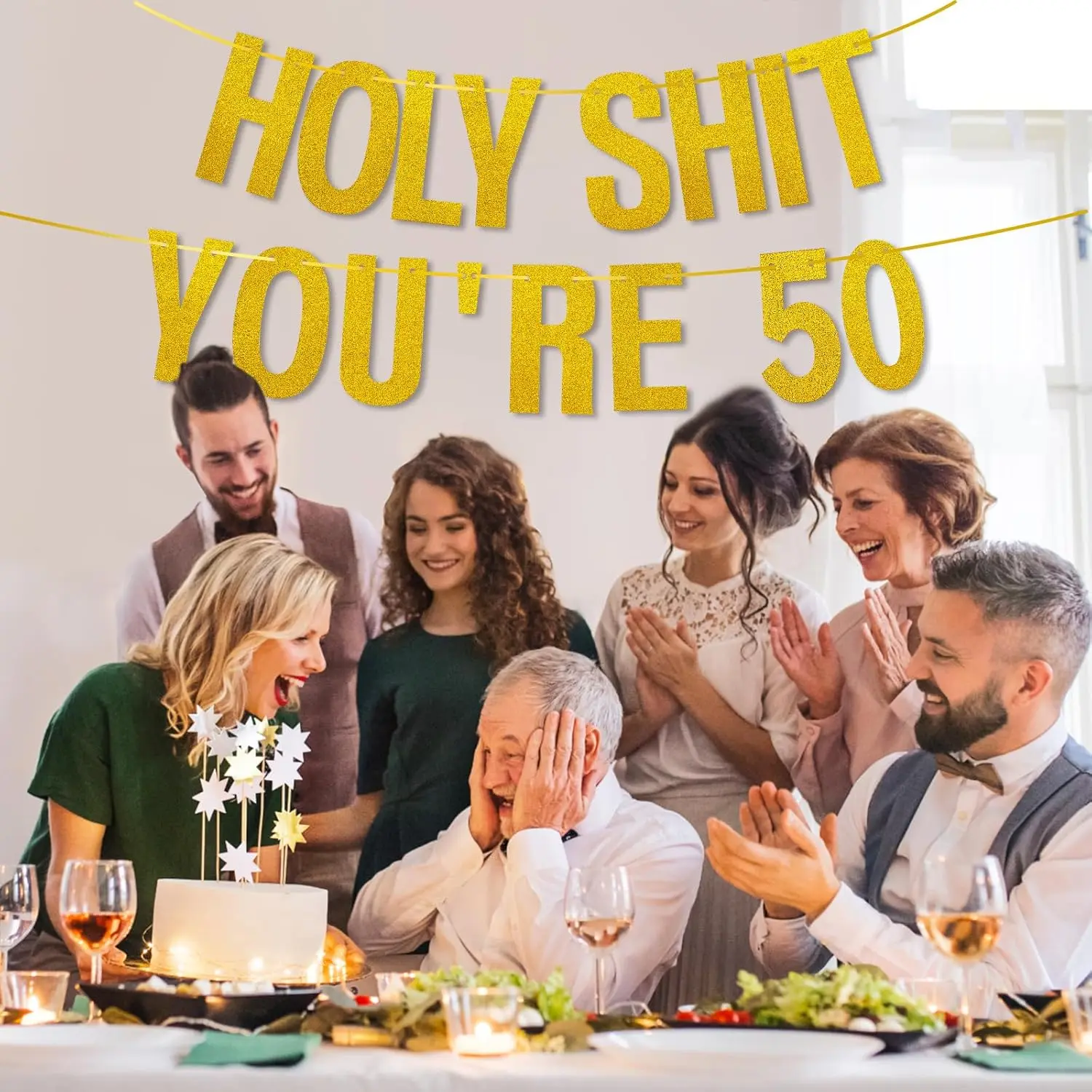 Gold Glitter Holy Shit You\'re 50 Birthday Banner Party Decor,Funny 50th Birthday Party Decorations Supplies,50th Photo Props