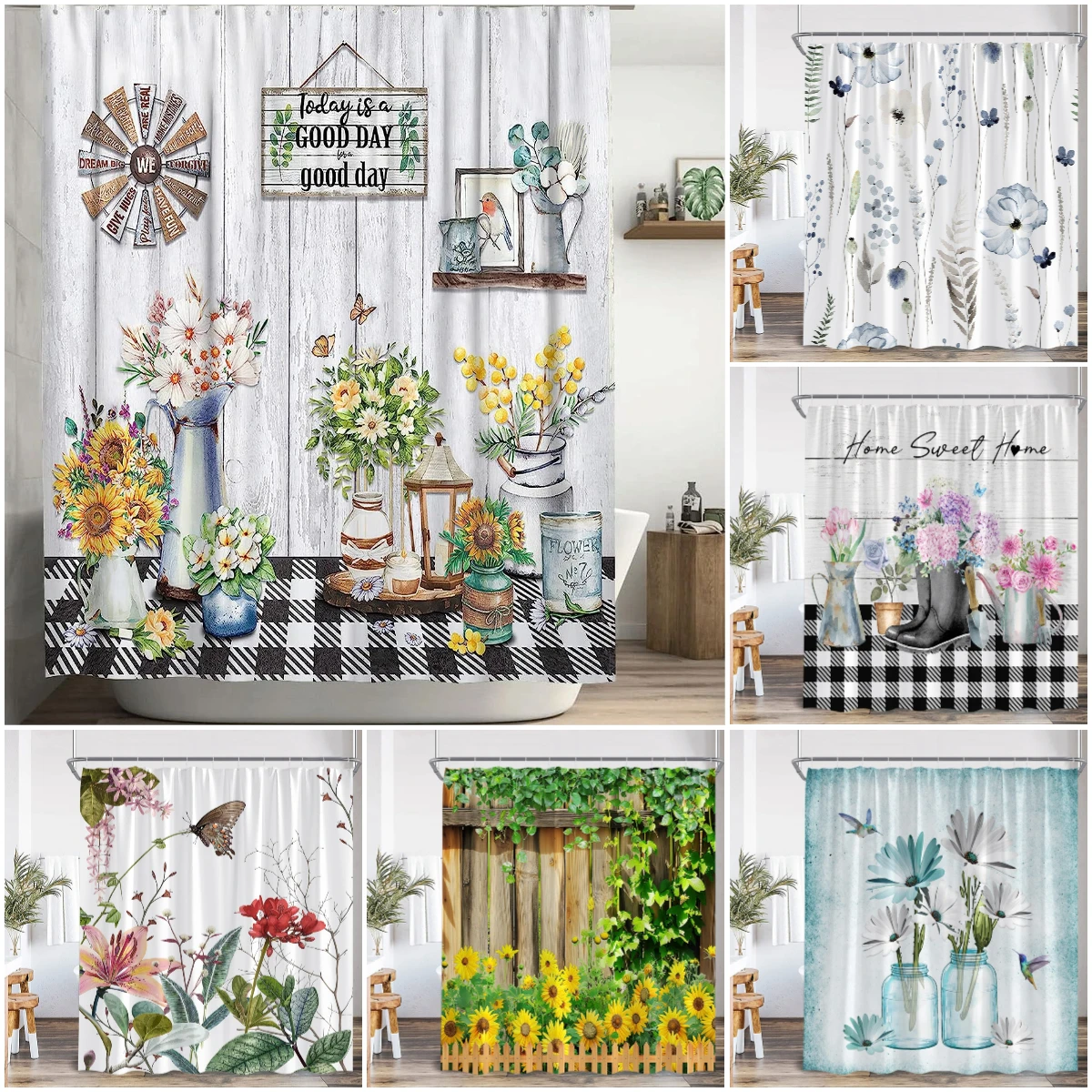 

Занавеска для душа с цветочным рисунком, занавеска из полиэстера в деревенском стиле для ванной комнаты, с крючком, украшение для ванной