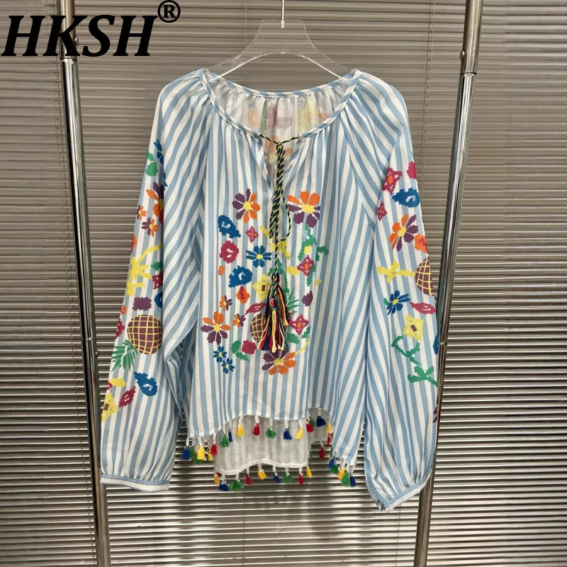 

HKSH Shirt For Women Early Autumn New Striped Printed Long Sleeve Colorful Tassel High Street Vintage Trendy Casual Tops HK10746