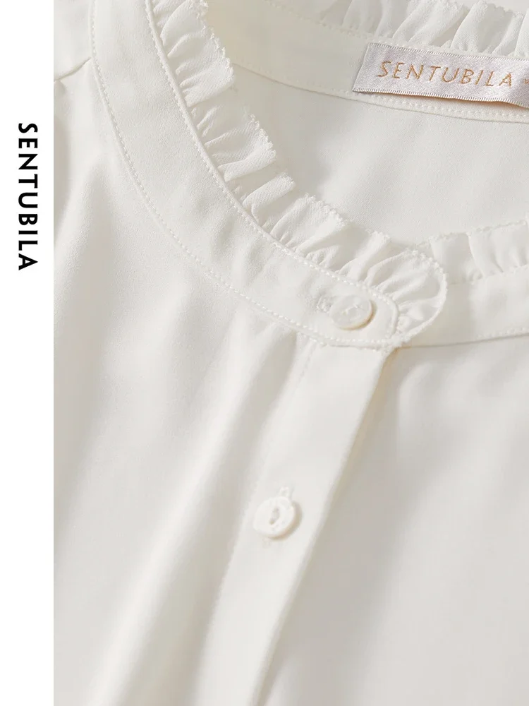 SENTUBILA Elegant Texture White Shirt Women 2024 Autumn Chiffon Loose Folds Long Sleeve Round Collar Simple Blouse 143C56665