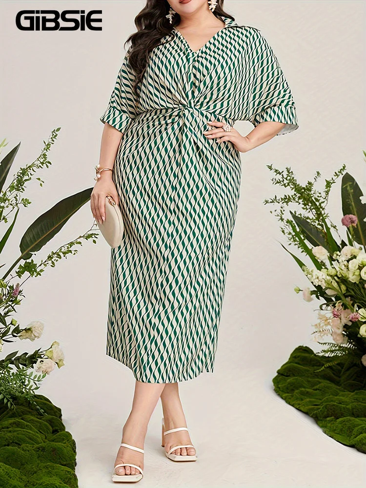 

GIBSIE Plus Size Twist Front V-Neck Half Sleeve Wave Stripe Dress Women Summer Elegant High Waist Office Laides Split Long Dress