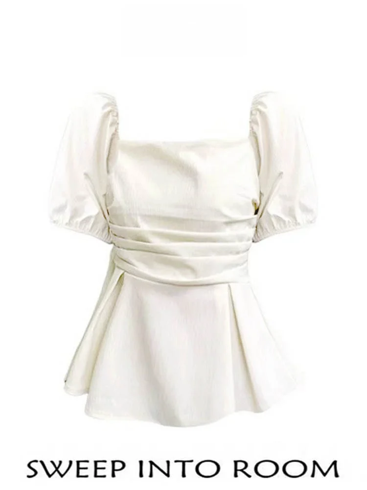 plus Size Women's ort irt Square Collar Doll Sle Slimming Belly Cover Summer Faion Waist Cinching Bubble Sve Top