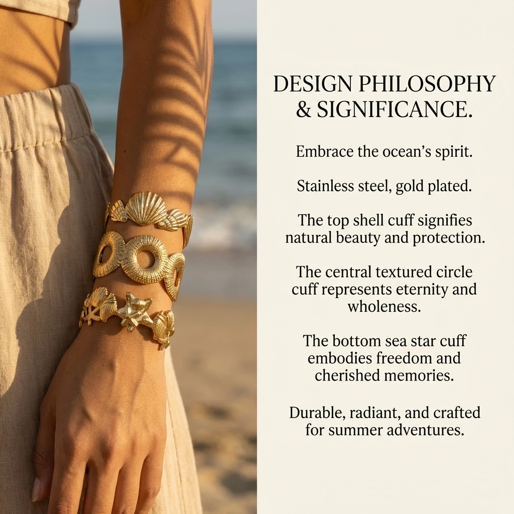 Strukturiertes Muschel-Seestern-Armband aus Edelstahl für Damen, Boho Geometrischer Ausschnitt-Manschettenarmreif, Resort-Urlaubsschmuck – Detail 1
