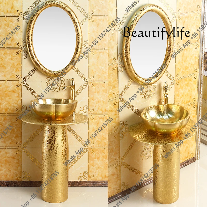 J European Art Column Wash Basin Bar Floor-to-ceiling Washbasin Ceramic Gold Integrated Wash Basin Designer