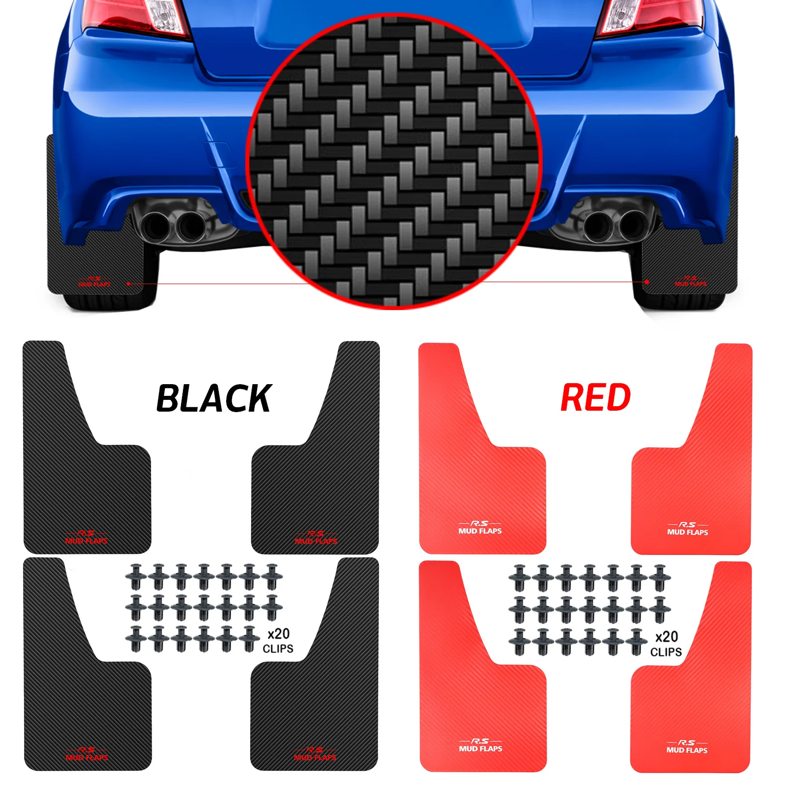 Carbon Fiber Effect Splash Guards Mud Flaps Car Mudguards Fender Cover Flares W/Hardware Universal Front Rear RED Accessories