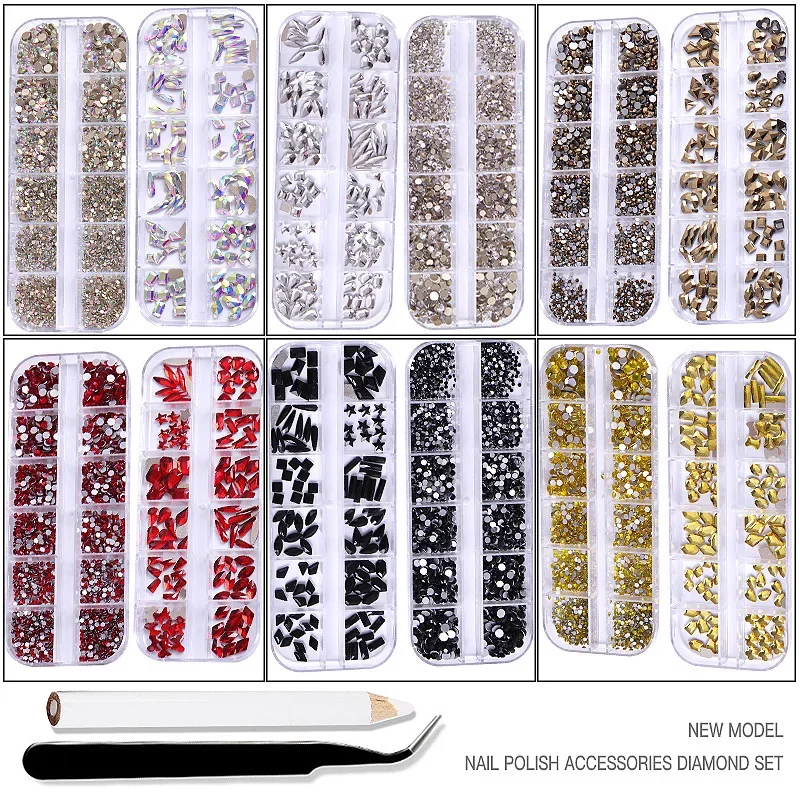 Nail art flat bottom shaped rhinestone colored crystal glass round diamond set long box nail ornament