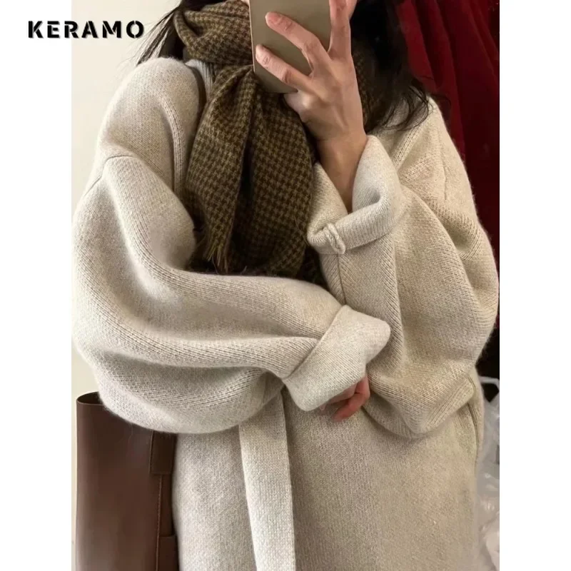 Women Casual Vintage Style Solid Color Knitting Long Sleeve X-long Cardigans 2023 Winter Fashion Oversized Simple Sweater