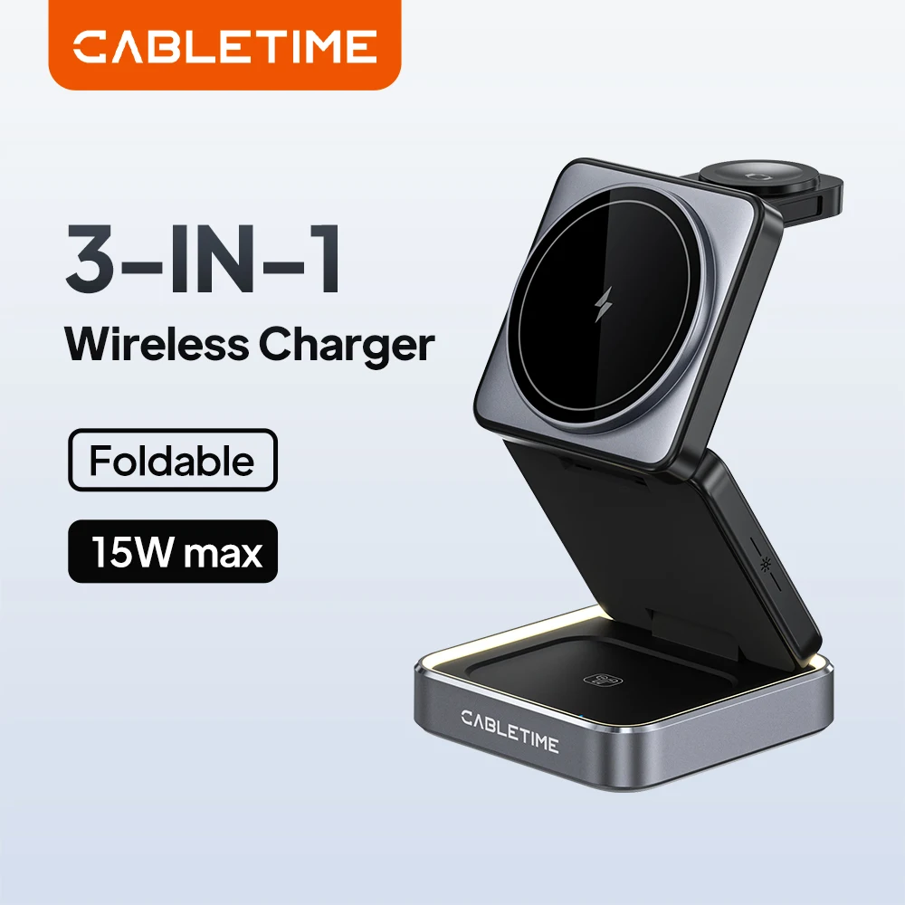 CABLETIME Foldable Magnetic 3 in 1 Wireless Charger Stand for iwatch Airpods iPhone 16/15/14 Samsung S23 S22 S21 Galaxy Watch