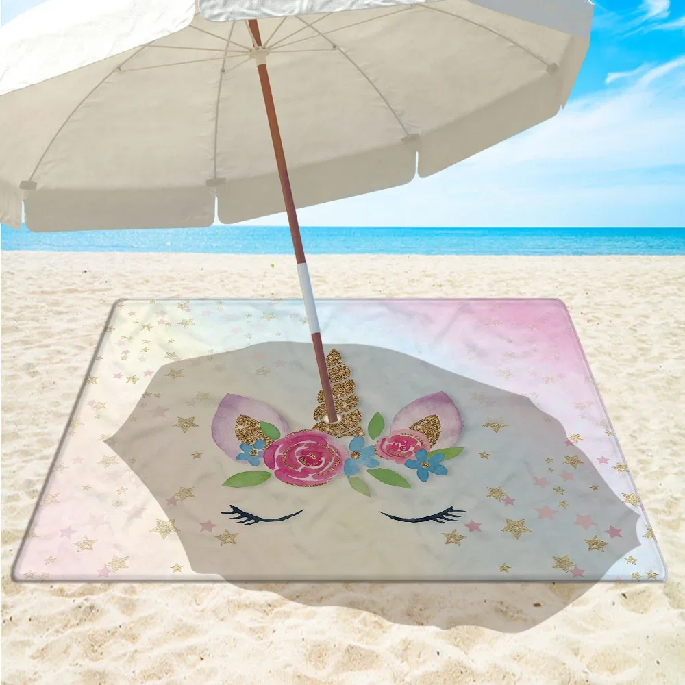 

Cartoon Unicorn Beach Mat for Beach Umbrella Fixed with 8cm Hole Snap Buttons Outdoor Microfiber Quick Dry Circle Beach Towels